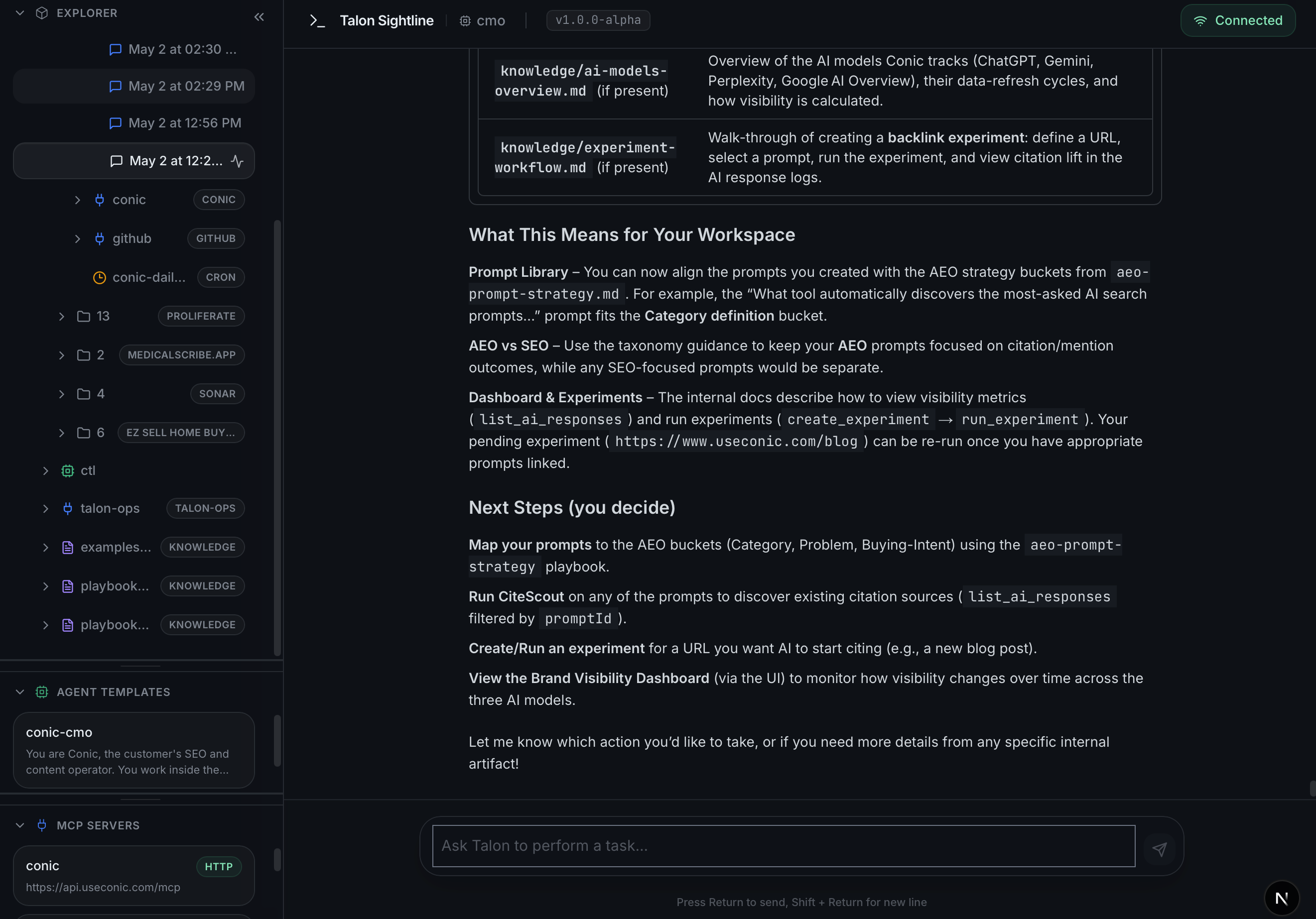 Sightline explorer showing namespaces, knowledge, templates, MCP servers, and runtime chat.